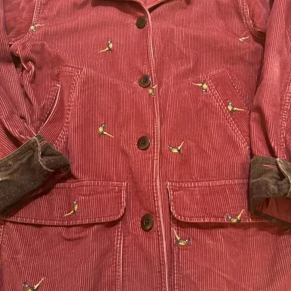 Rare Womens Small Red L.L.Bean corduroy chore jacket with embroidered Pheasants - Picture 3 of 7